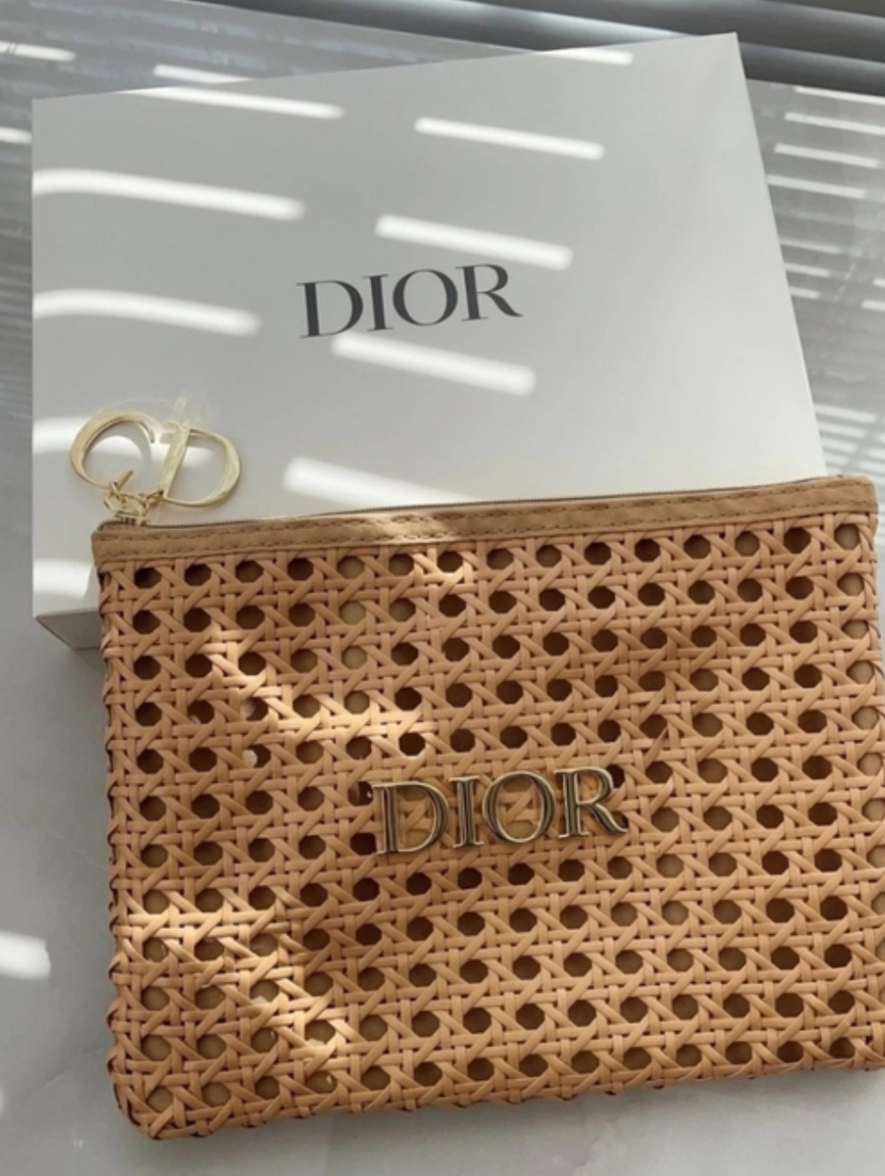 Dior 2026 Tan Woven Clutch with Gold Logo